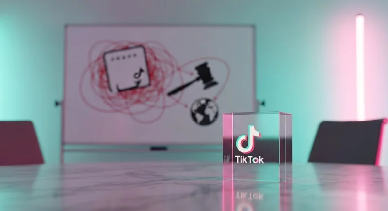 Cubo de cristal logotipo TikTok tallado sobre mesa de mármol
