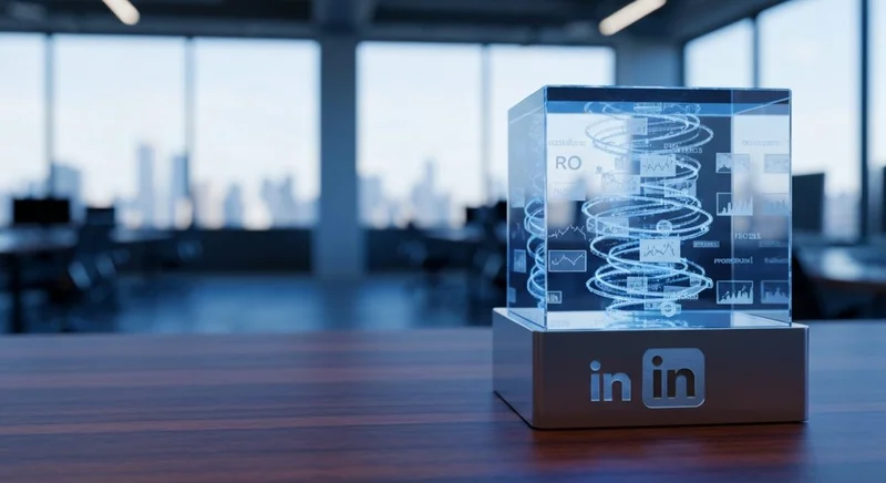 Cubo de datos de cristal azul con logo LinkedIn grabado