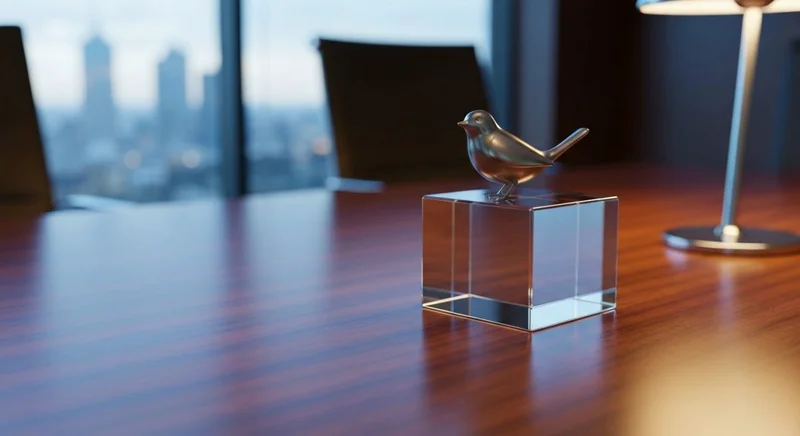 Cubo de vidrio claro sobre mesa oscura con ave metálica