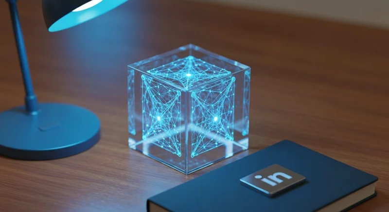 Cubo de vidrio transparente con red neuronal azul para LinkedIn