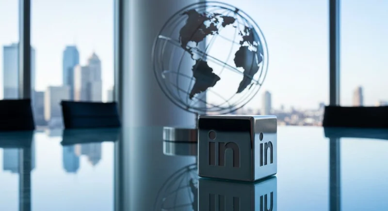 Cubo metal pulido con logo LinkedIn sobre mesa de cristal