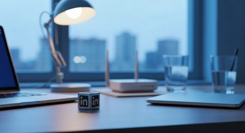 Cubo metalico con logo LinkedIn en escritorio rodeado de laptop