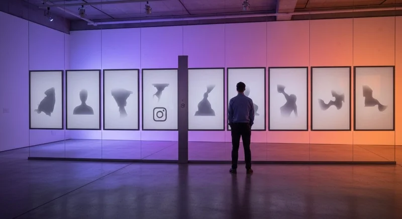 Curador de galería ante ocho paneles de vidrio esmerilado Instagram