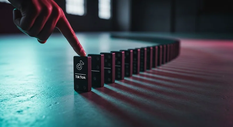 Dedo a punto de tumbar primer dominó con logo de TikTok