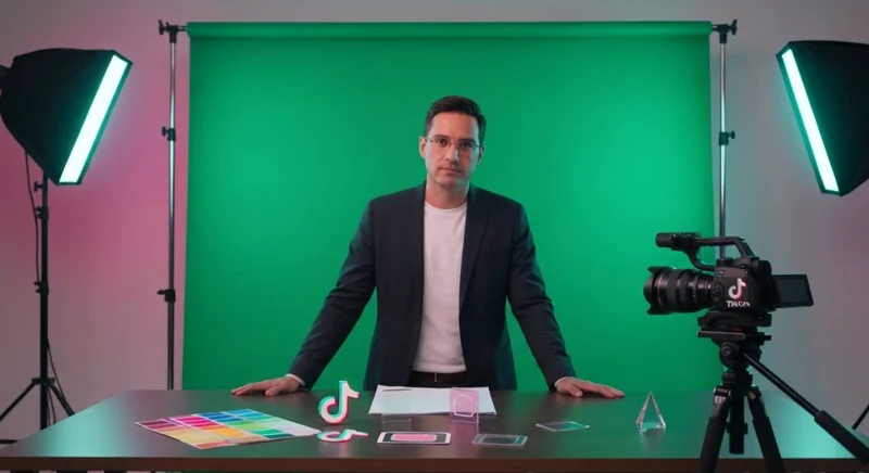 Director creativo frente a fondo verde cromakey y cámara TikTok