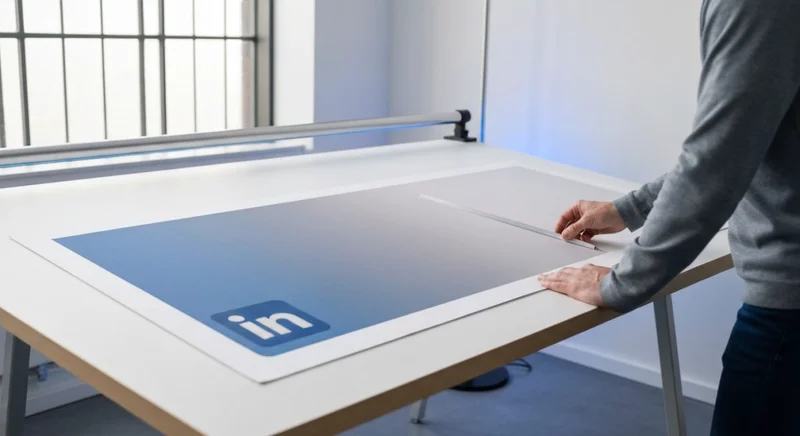 Diseñador ajusta banner LinkedIn en mesa blanca con logo in