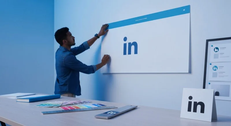 Diseñador ajusta un gran banner de LinkedIn en estudio minimalista