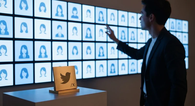 Diseñador ante muro de avatares azules con silueta Twitter