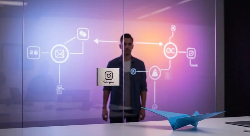 Diseñador ante vidrio esmerilado con mapa Instagram y logo Telegram