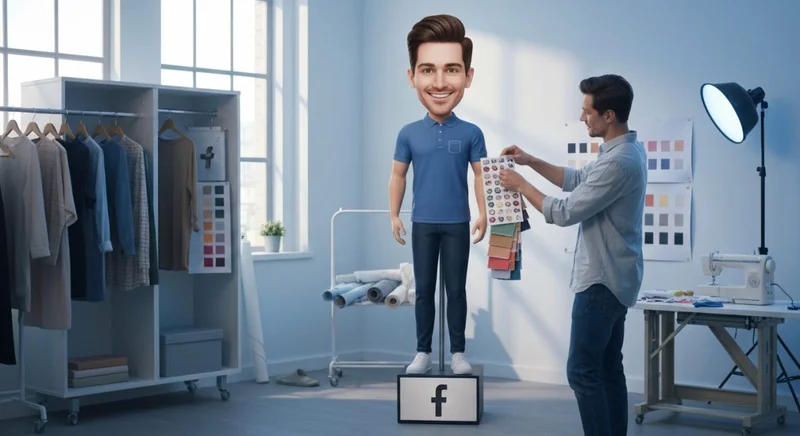 Diseñador en estudio creativo personalizando avatar de Facebook con telas
