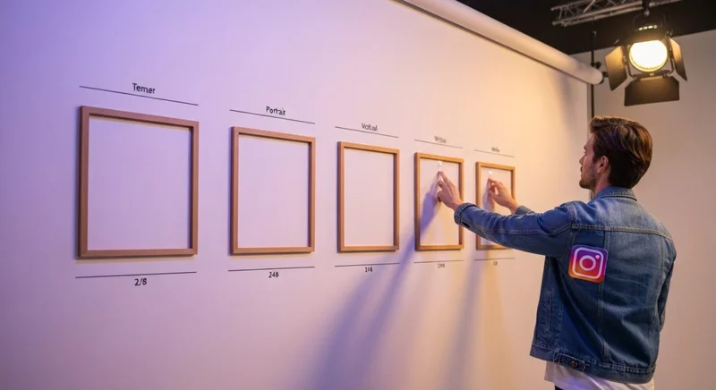 Diseñador en estudio minimalista frente a cuatro marcos Instagram vacíos