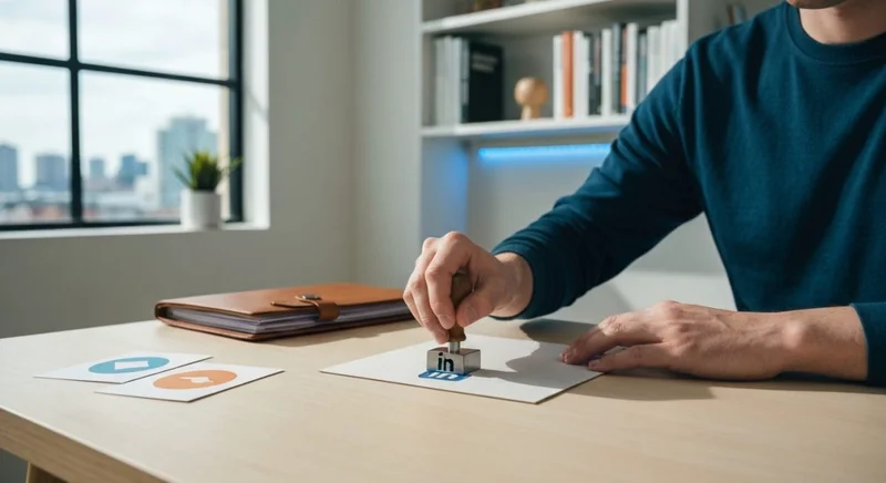 Diseñador freelance estampa el icono LinkedIn en una hoja texturizada