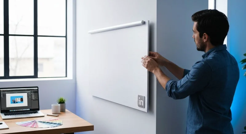 Diseñador gráfico ajustando un banner de LinkedIn en pared blanca