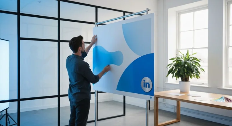 Diseñador montando banner físico para LinkedIn sobre soporte de acero