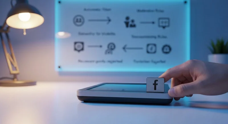 Dispositivo de moderación de comentarios en escritorio con insignia Facebook