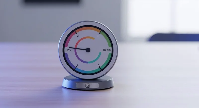 Dispositivo reloj minimalista sobre escritorio con cuatro arcos coloridos Instagram Reels