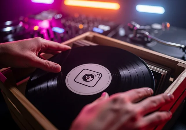 DJ seleccionando disco de vinilo con logo de Instagram