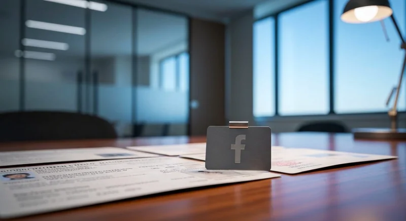 Documentos de identidad sobre escritorio de madera con insignia Facebook