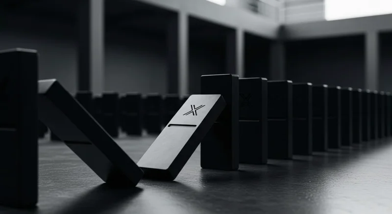 Dominó negro mate con logo X cayendo en patrón de dominós