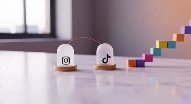 Domos de vidrio translúcido logotipos Instagram y TikTok sobre mármol