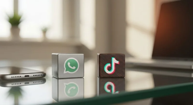 Dos bloques táctiles WhatsApp y TikTok sobre escritorio minimalista iluminado