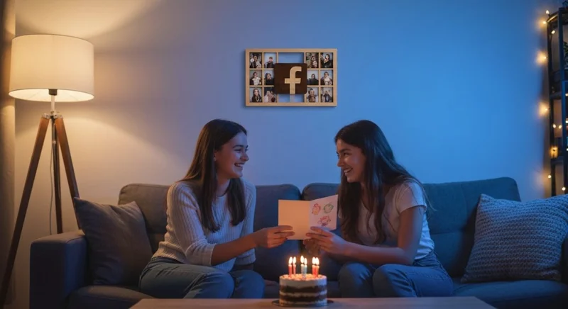 Dos hermanas celebrando cumpleaños en sala con logotipo Facebook tallado