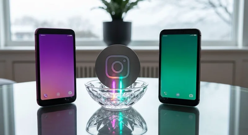 Dos smartphones sobre mesa de vidrio con posavasos Instagram entre ellos