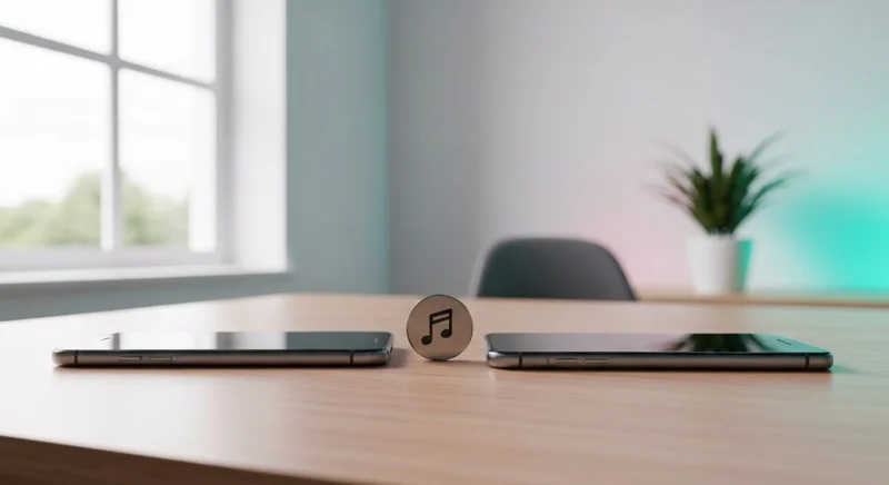 Dos smartphones sobre un escritorio de madera con token musical