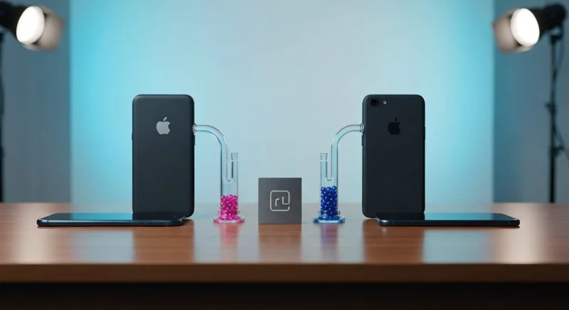 Dos smartphones traseros sobre mesa de madera con placa centrada