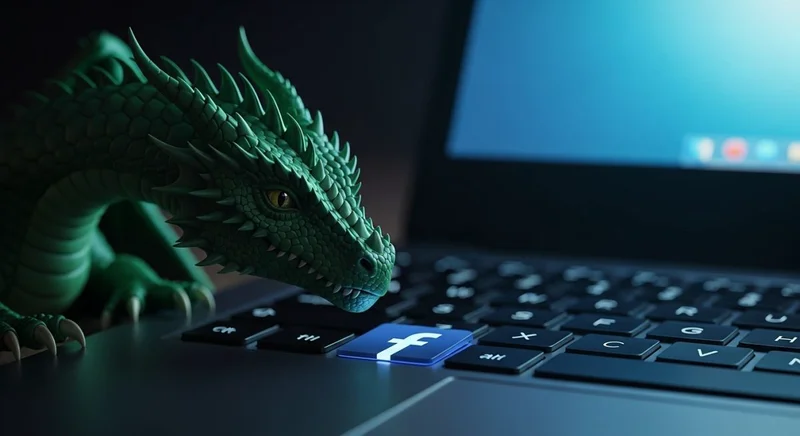 Dragón verde esmeralda realista sobre teclado de laptop con logo Facebook