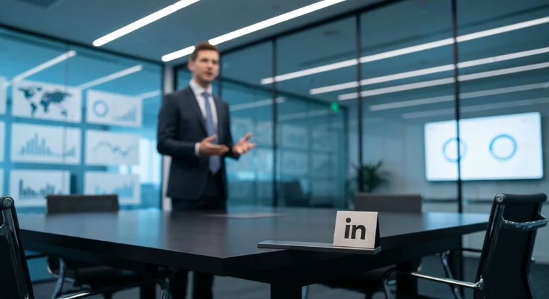 Ejecutivo de marketing presenta en mesa contemporánea con placa LinkedIn