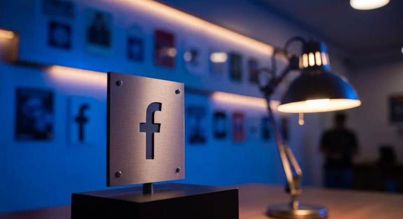Emblema minimalista con logo Facebook grabado en placa metal cepillado