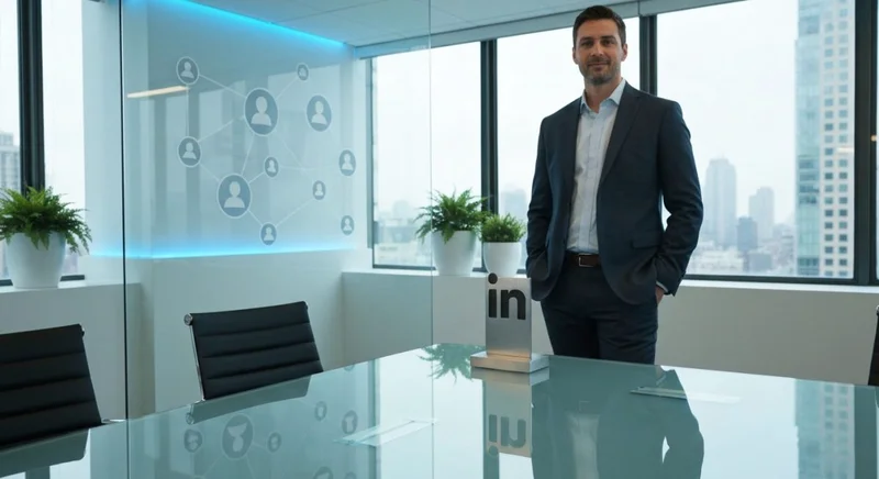 Empresario confiado en mesa de vidrio con logotipo LinkedIn visible