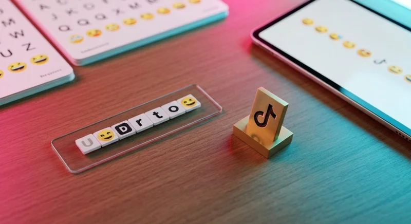 Escena de escritorio con placa de vidrio y emojis TikTok