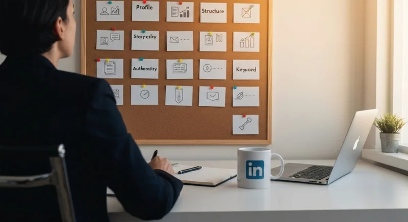 Escritor profesional sentado frente a escritorio moderno con taza LinkedIn