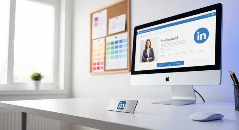 Escritorio de diseñador con monitor LinkedIn banner y placa LinkedIn