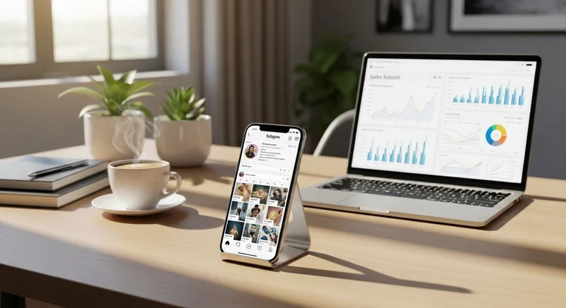 Escritorio de experto en marketing digital: smartphone con Instagram de alta interacción, portátil con panel de ventas y gráficos de crecimiento.