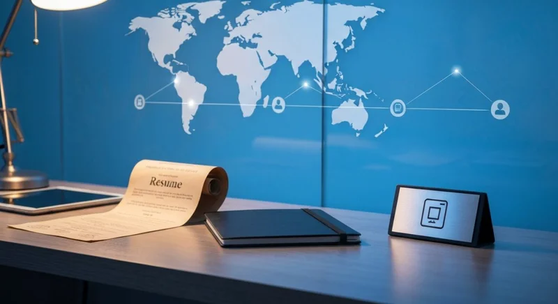 Escritorio elegante muestra currículum antiguo cuaderno tableta junto mapa mundo