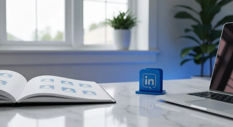 Escritorio minimalista con cuaderno y cinco iconos de perfil LinkedIn