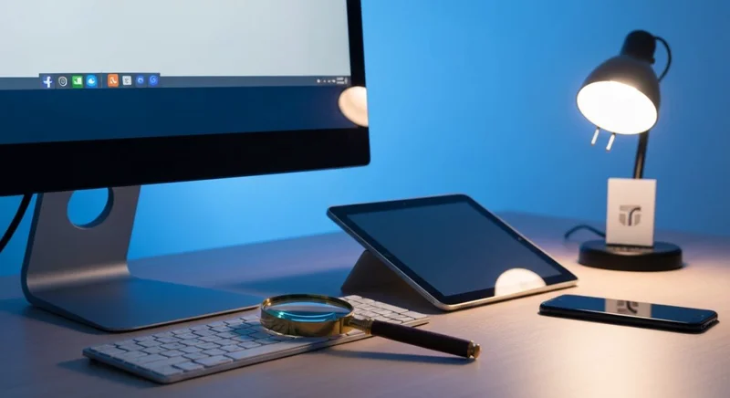 Escritorio minimalista con monitor y tableta lupa sobre teclado Facebook