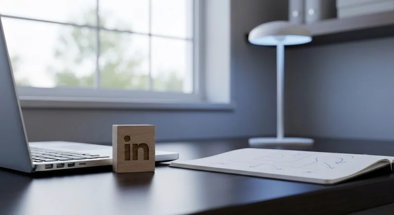 Escritorio minimalista con portátil plateado y bloque grabado LinkedIn logo