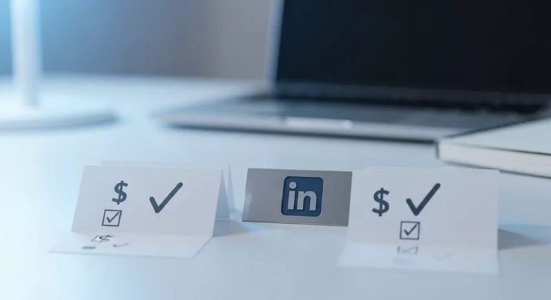 Escritorio minimalista con tres tarjetas de planes y icono LinkedIn