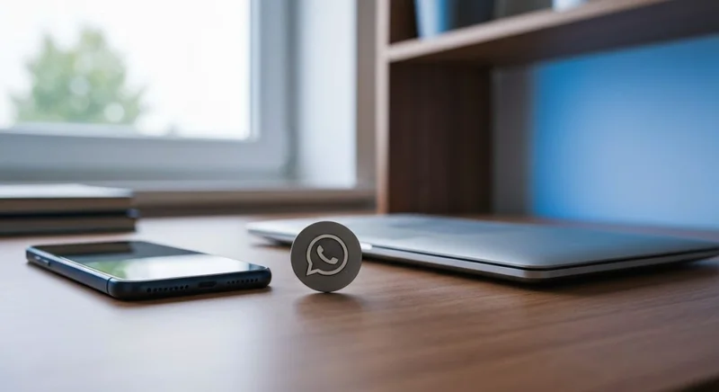 Escritorio ordenado con teléfono portátil y insignia WhatsApp entre ellos