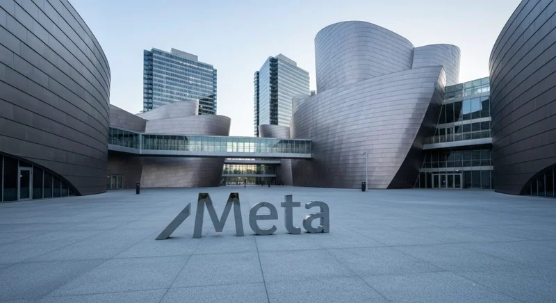 Escultura cromada del logo Meta en plaza Gehry Menlo Park