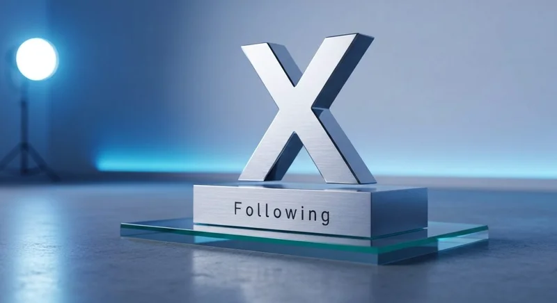 Escultura cromada del logotipo X sobre pedestal de cristal iluminado