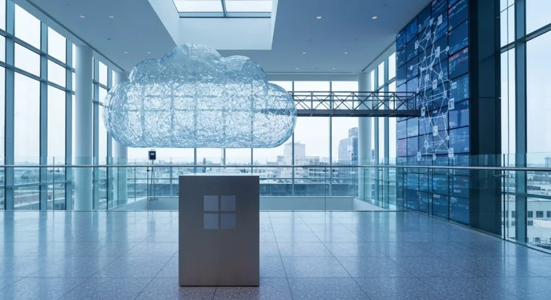 Escultura de nube de vidrio Microsoft LinkedIn en atrio corporativo
