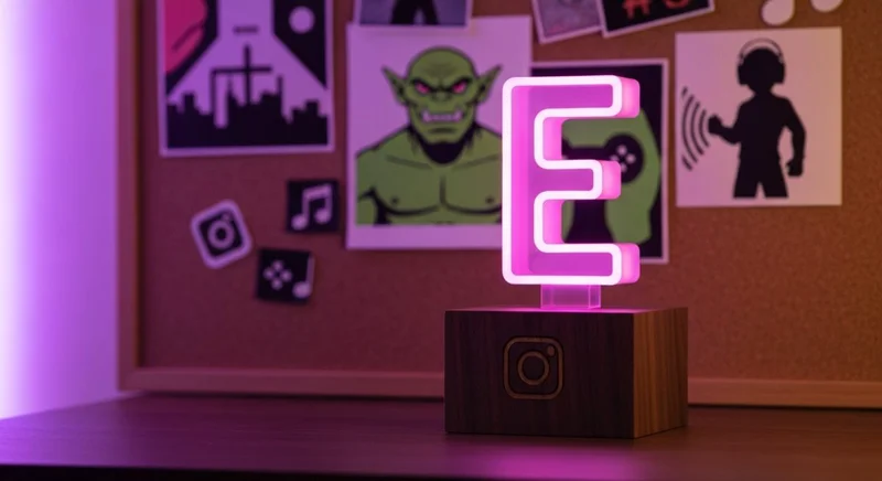 Escultura E luminosa con logo Instagram en pedestal nogal oscuro