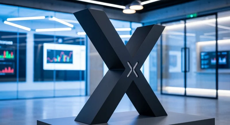 Escultura en X en metal negro mate con logotipo grabado