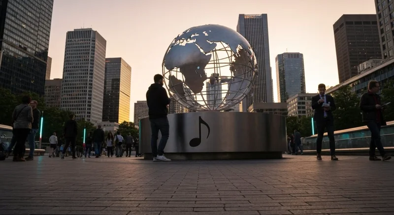 Escultura globo futurista en plaza base metálica con glifo musical