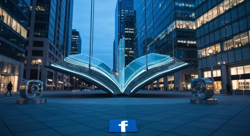 Escultura libro abierto en plaza urbana con Facebook e Instagram